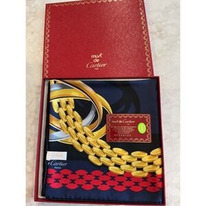 Must de Cartier Paris Silk Scarf Chain Ring Motif Blue‎ Red Gold